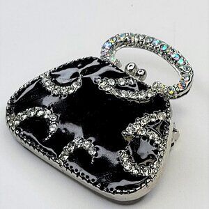 HANDBAG Brooch in Black Enamel with Crystals